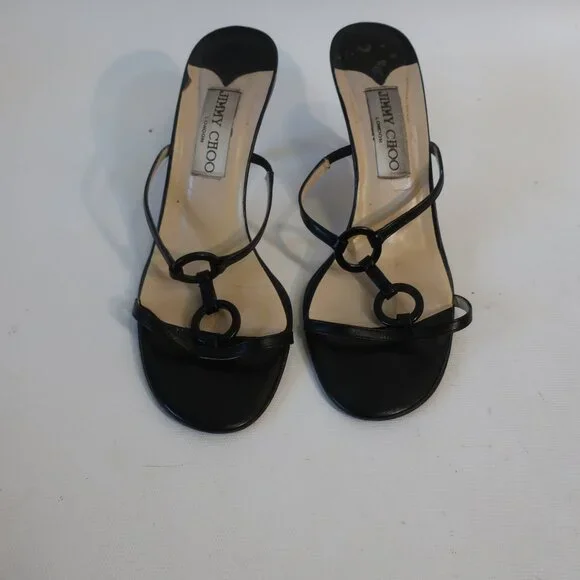 Womens Jimmy Choo Black Leather Strappy Slip-On Heels 37.5 US/7.5 - Picture 2 of 12